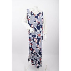 Vintage 60s Womans Maxi Hostess Dress L Dagger Collar Polka Dot Blue Red White